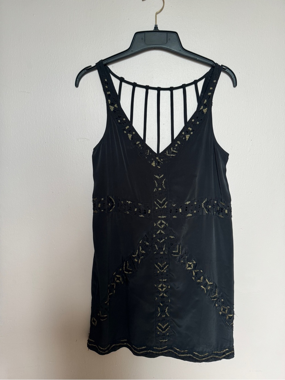 Ecote Black Strappy Tank Dress with Gold Embroidered Accents